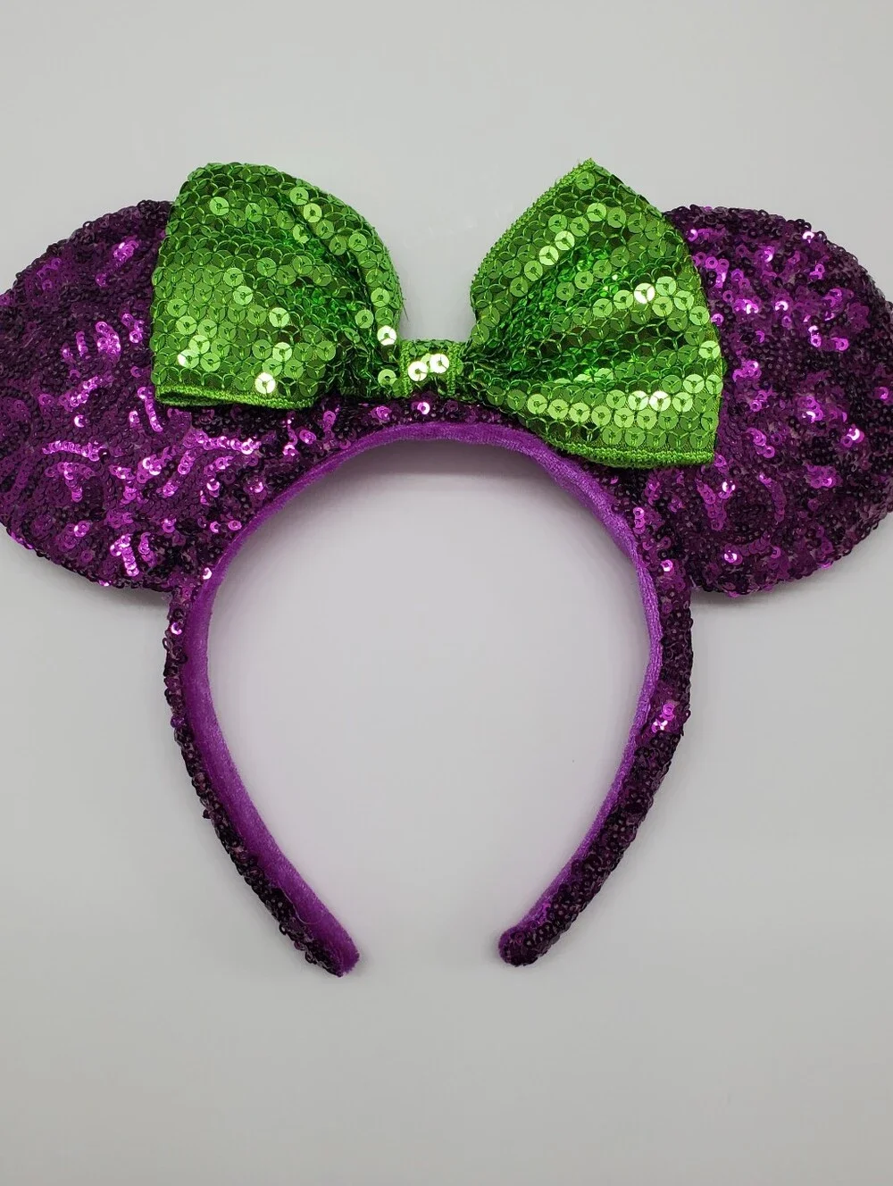 Disney Parks Halloween Purple Sequin Minnie Ear Headband with Green Sequin Bow